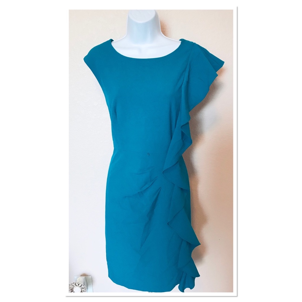 Calvin Klein Teal Ruffle Front Sheath Dress Size 6